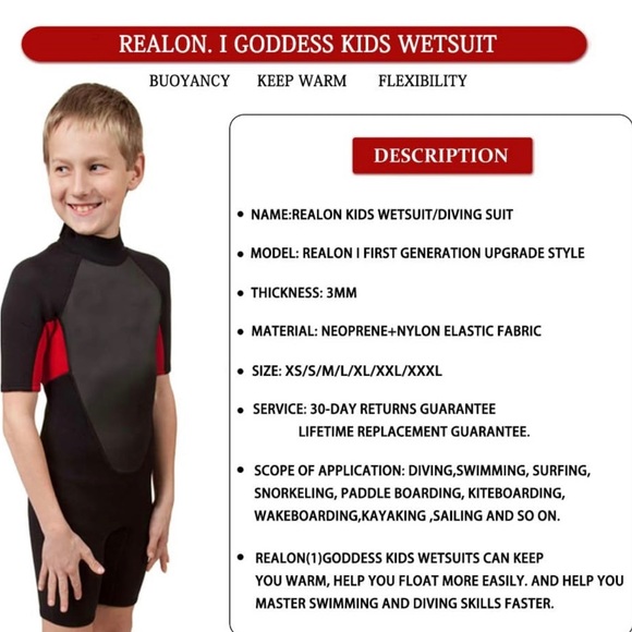 REALON Kids Wetsuit for Boys Girls, Neoprene Full Wet Suits 3mm  Back Zip size M - Picture 5 of 11